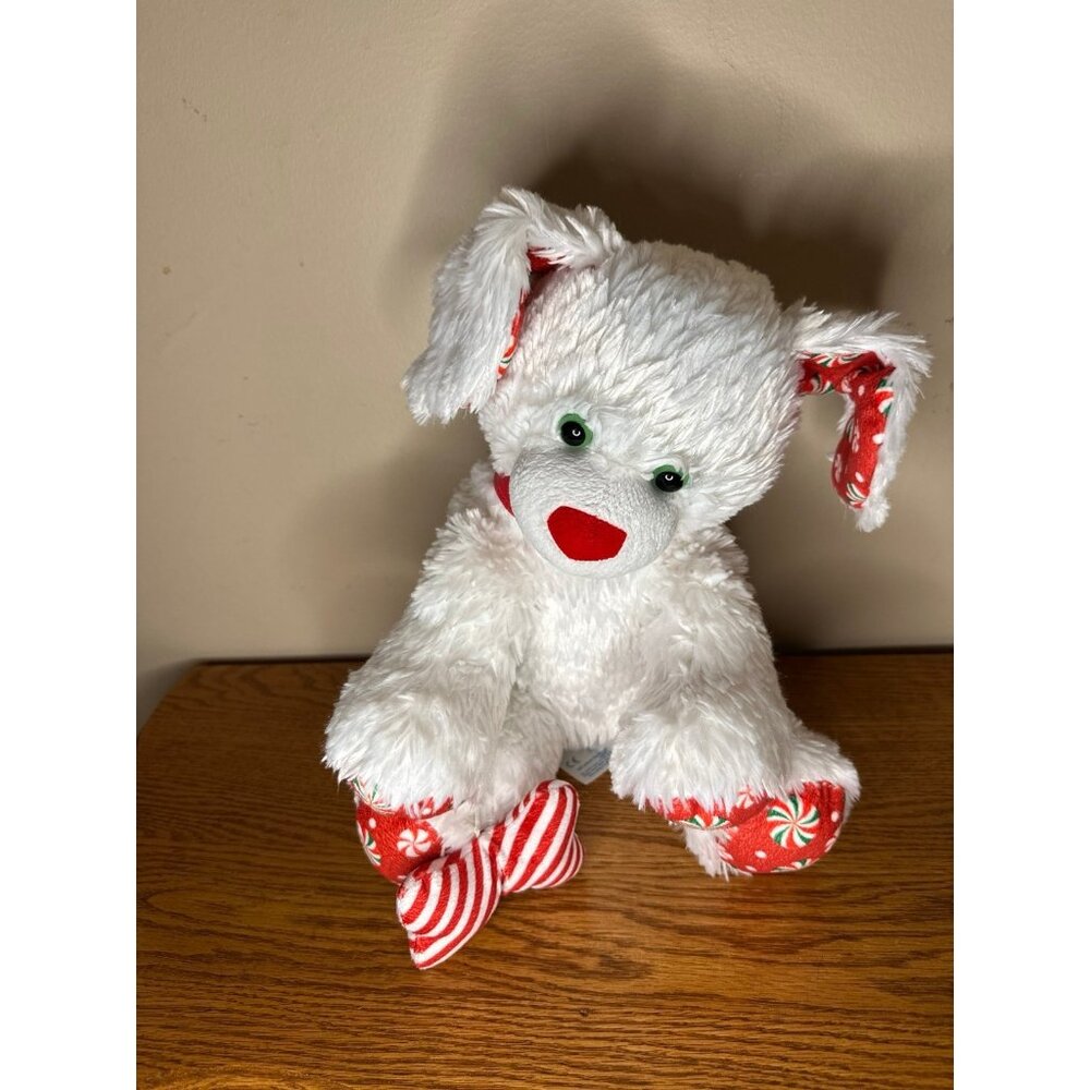 Build a Bear 13" White Puppy Dog Plush Merry Christmas Peppermint Candy Cane